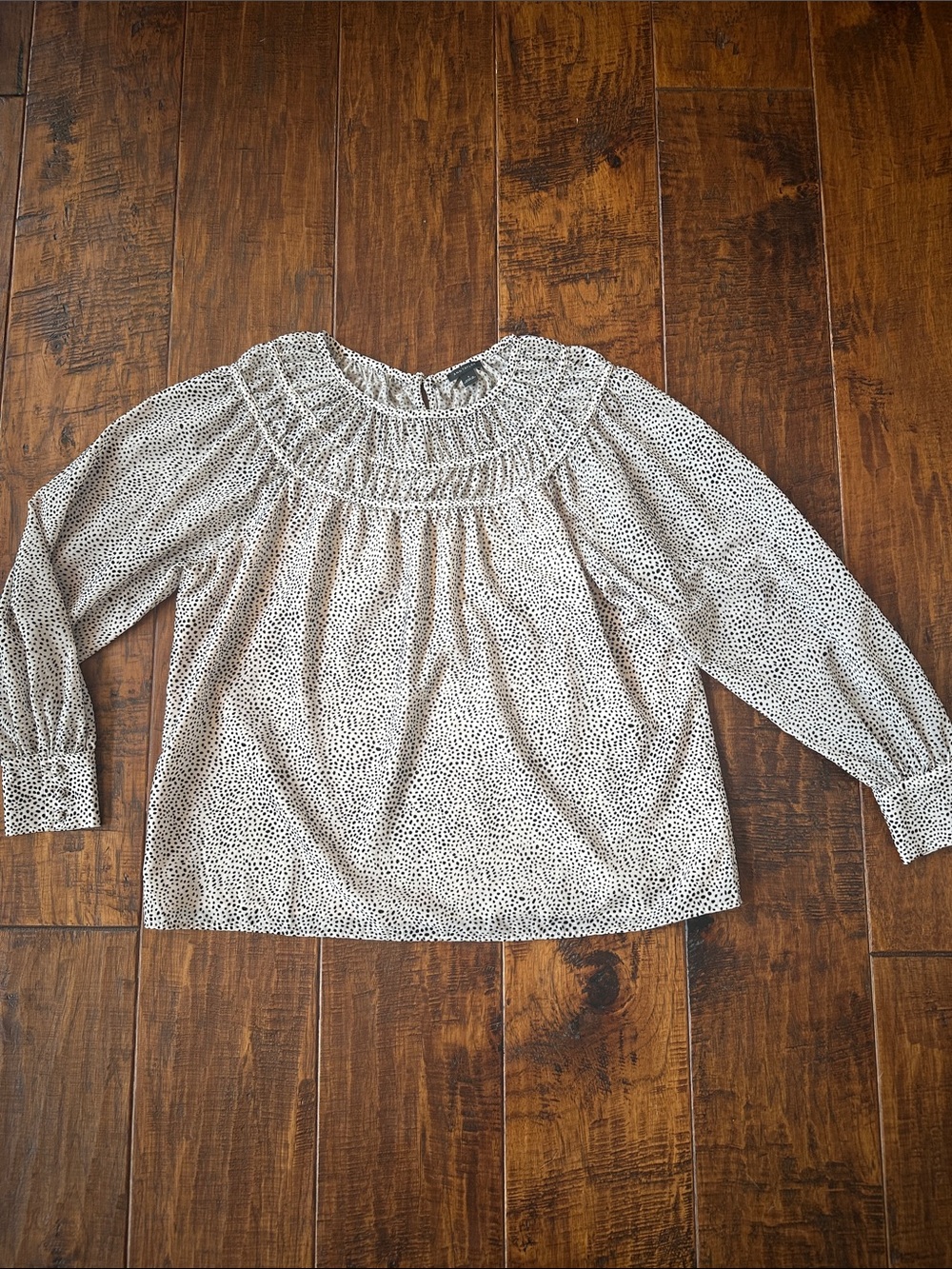 Ann Taylor Cream Blouse with Black Dot Print and Smocked Neck